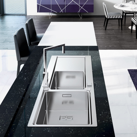 Chiuveta bucatarie inox CookingAid EVO 116 dubla cu 2 cuve + picurator si ventil automat reversibila stanga/dreapta + accesorii montaj [1]