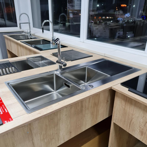 Chiuveta bucatarie inox CookingAid EVO 116 dubla cu 2 cuve + picurator si ventil automat reversibila stanga/dreapta + accesorii montaj [11]