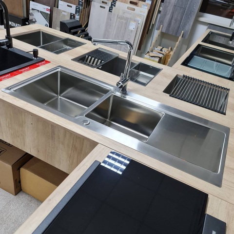 Chiuveta bucatarie inox CookingAid EVO 116 dubla cu 2 cuve + picurator si ventil automat reversibila stanga/dreapta + accesorii montaj [10]