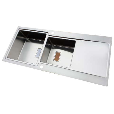 Chiuveta bucatarie inox CookingAid EVO 116 dubla cu 2 cuve + picurator si ventil automat reversibila stanga/dreapta + accesorii montaj [3]