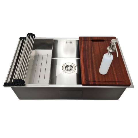 Chiuveta bucatarie inox CookingAid HERA LARGE cu dozator detergent, scurgator vase/paste/fructe, gratar rulabil inox, tocator Sapele + accesorii montaj [8]