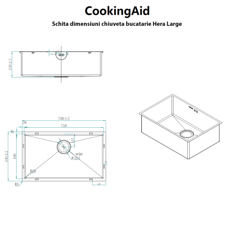 Chiuveta bucatarie inox CookingAid HERA LARGE cu dozator detergent, scurgator vase/paste/fructe, gratar rulabil inox, tocator Sapele + accesorii montaj [16]