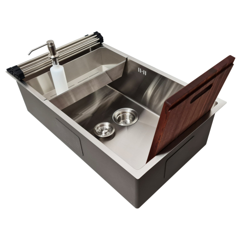 Chiuveta bucatarie inox CookingAid HERA LARGE cu dozator detergent, scurgator vase/paste/fructe, gratar rulabil inox, tocator Sapele + accesorii montaj [10]