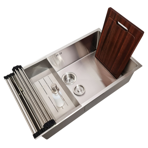 Chiuveta bucatarie inox CookingAid HERA LARGE cu dozator detergent, scurgator vase/paste/fructe, gratar rulabil inox, tocator Sapele + accesorii montaj [9]