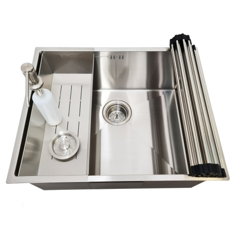 Chiuveta bucatarie inox CookingAid HERA MEDIUM cu montaj pe/sub blat cu dozator detergent, tavita scurgere inox, gratar rulabil inox + accesorii montaj [6]