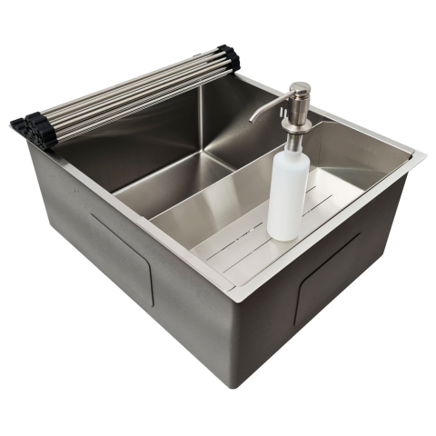 Chiuveta bucatarie inox CookingAid HERA MEDIUM cu montaj pe/sub blat cu dozator detergent, tavita scurgere inox, gratar rulabil inox + accesorii montaj [2]