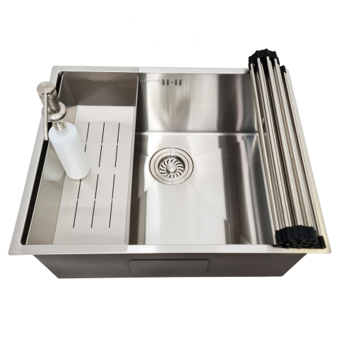 Chiuveta bucatarie inox CookingAid HERA MEDIUM cu montaj pe/sub blat cu dozator detergent, tavita scurgere inox, gratar rulabil inox + accesorii montaj [7]