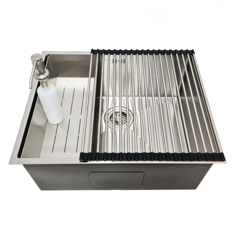 Chiuveta bucatarie inox CookingAid HERA MEDIUM cu montaj pe/sub blat cu dozator detergent, tavita scurgere inox, gratar rulabil inox + accesorii montaj [8]