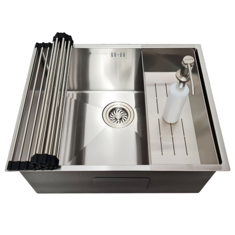 Chiuvete - Chiuveta bucatarie inox CookingAid HERA MEDIUM cu montaj pe/sub blat cu dozator detergent, tavita scurgere inox, gratar rulabil inox + accesorii montaj