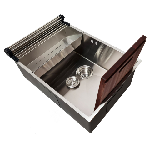 Chiuvete - Chiuveta bucatarie inox CookingAid Hera Standard cu dozator detergent, scurgator tavita vase/paste/fructe, gratar rulabil inox si tocator lemn Sapele + accesorii montaj