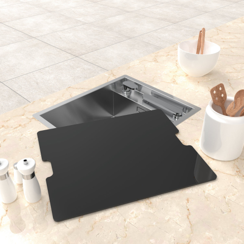 Chiuveta bucatarie inox CookingAid INVISIBLE 40R cu baterie telescopica integrata, capac scurgere invizibil, tocator sticla temperizata + accesorii montaj [5]