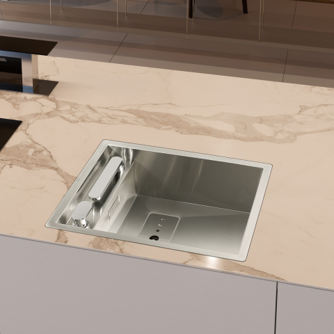 Chiuveta bucatarie inox CookingAid INVISIBLE 40R cu baterie telescopica integrata, tocator sticla temperizata, tocator resturi alimenatare Rodi + adaptor tocator First [24]