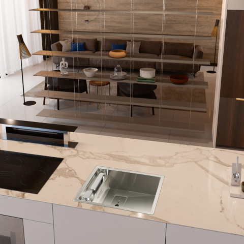 Chiuveta bucatarie inox CookingAid INVISIBLE 40R cu baterie telescopica integrata, tocator sticla temperizata, tocator resturi alimenatare Rodi + adaptor tocator First [23]