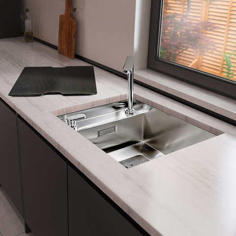 Chiuveta bucatarie inox CookingAid INVISIBLE 40R cu treapta pentru baterie si capac scurgere invizibil + accesorii montaj [27]