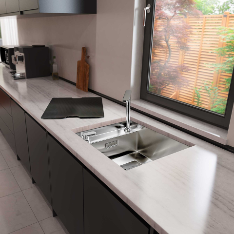 Chiuveta bucatarie inox CookingAid INVISIBLE 40R cu treapta pentru baterie si capac scurgere invizibil + accesorii montaj [25]