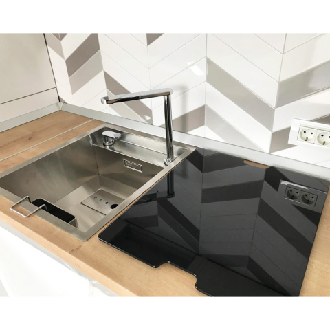 Chiuveta bucatarie inox CookingAid INVISIBLE 40R cu treapta pentru baterie si capac scurgere invizibil + accesorii montaj [14]