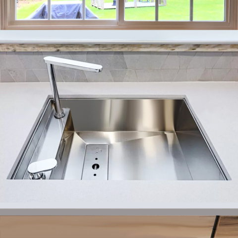 Chiuveta bucatarie inox CookingAid INVISIBLE 50R cu baterie telescopica integrata, capac scurgere invizibil + accesorii montaj [6]