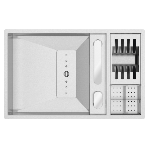 Chiuveta bucatarie inox CookingAid INVISIBLE 70 cu scurgator vase si baterie telescopica integrata, capac scurgere invizibil, tocator sticla temperizata + accesorii montaj [2]