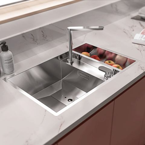 Chiuveta bucatarie inox CookingAid INVISIBLE 70 cu scurgator vase si baterie telescopica integrata, capac scurgere invizibil, tocator sticla temperizata + accesorii montaj [18]