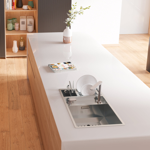 Chiuveta bucatarie inox CookingAid INVISIBLE 70 cu scurgator vase si baterie telescopica integrata, capac scurgere invizibil, tocator sticla temperizata + accesorii montaj [1]