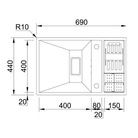Chiuveta bucatarie inox CookingAid INVISIBLE 70 cu scurgator vase si baterie telescopica integrata, capac scurgere invizibil, tocator sticla temperizata + accesorii montaj [24]