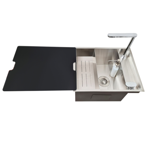 Set chiuvete si baterii - Chiuveta bucatarie inox CookingAid INVISIBLE DEEP cu baterie telescopica integrata, scurgator vase/paste/fructe, tocator sticla temperizata, dozator detergent + accesorii montaj