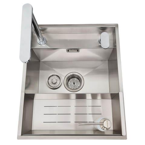 Chiuveta bucatarie inox CookingAid INVISIBLE DEEP cu baterie telescopica integrata, scurgator vase/paste/fructe, tocator sticla temperizata, dozator detergent + accesorii montaj [11]