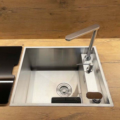 Chiuveta bucatarie inox CookingAid INVISIBLE DEEP cu baterie telescopica integrata, scurgator vase/paste/fructe, tocator sticla temperizata, dozator detergent + accesorii montaj [21]