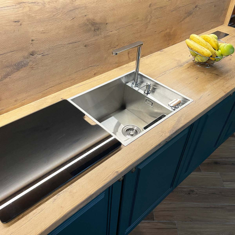 Chiuveta bucatarie inox CookingAid INVISIBLE DEEP cu baterie telescopica integrata, scurgator vase/paste/fructe, tocator sticla temperizata, dozator detergent + accesorii montaj [23]