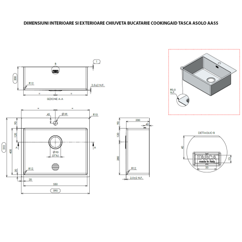 Chiuveta bucatarie inox CookingAid TASCA ASOLO AA55 cu montaj pe blat sau la nivelul blatului si accesorii montaj [15]