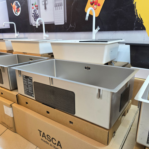 Chiuveta bucatarie inox CookingAid TASCA CANOVA CA70 DuriX mata, rezistenta la zgarieturi si ventil/preaplin negru, cu montaj pe blat, sub blat sau la nivelul blatului si accesorii montaj [7]