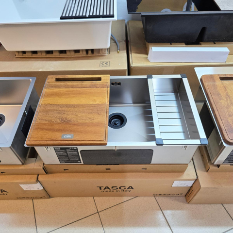 Chiuveta bucatarie inox CookingAid TASCA CANOVA CA70 DuriX mata, rezistenta la zgarieturi si ventil/preaplin negru, cu montaj pe blat, sub blat sau la nivelul blatului si accesorii montaj [12]