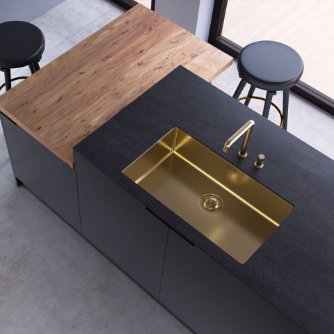 Chiuvete & Baterii - Chiuveta bucatarie inox CookingAid TASCA CANOVA CA70 GOLD cu strat PVD ceramic culoare aurie cu montaj pe blat, sub blat sau la nivelul blatului si accesorii montaj