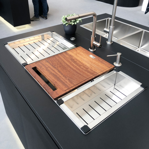 Chiuveta bucatarie inox CookingAid TASCA CANOVA CA90 WORKSTATION + tavita scurgere inox + tocator lemn Iroko, cu montaj pe blat, sub blat sau la nivelul blatului si accesorii montaj [2]