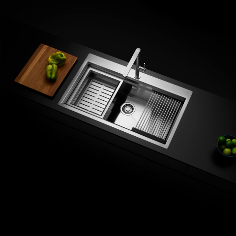 Chiuveta bucatarie inox CookingAid TASCA Harmony 116IF WORKSTATION cu 6 accesorii: tavita scurgere glisanta, tocator lemn Iroko, gratar scurgere glisant, dus extractibil cu pulverizator, dozator deter [1]