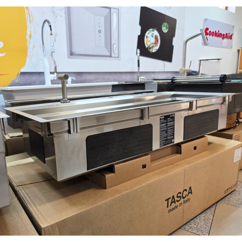 Chiuveta bucatarie inox CookingAid TASCA Harmony 116IF WORKSTATION cu 6 accesorii: tavita scurgere glisanta, tocator lemn Iroko, gratar scurgere glisant, dus extractibil cu pulverizator, dozator deter [21]