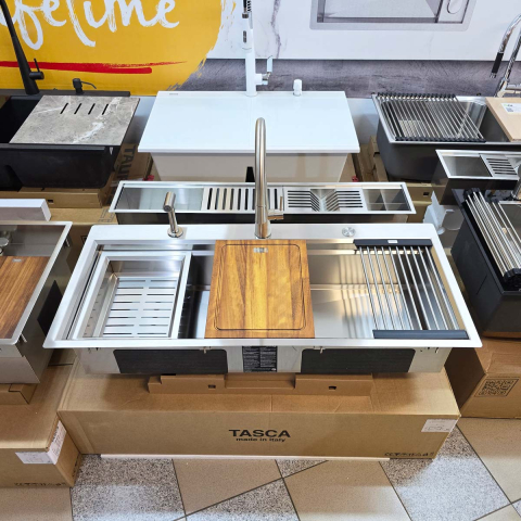 Chiuveta bucatarie inox CookingAid TASCA Harmony 116IF WORKSTATION cu 6 accesorii: tavita scurgere glisanta, tocator lemn Iroko, gratar scurgere glisant, dus extractibil cu pulverizator, dozator deter [13]