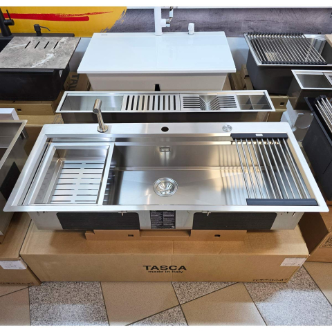 Chiuveta bucatarie inox CookingAid TASCA Harmony 116IF WORKSTATION cu 6 accesorii: tavita scurgere glisanta, tocator lemn Iroko, gratar scurgere glisant, dus extractibil cu pulverizator, dozator deter [17]