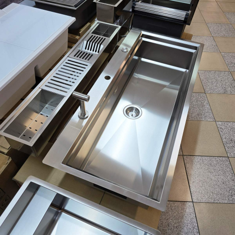 Chiuveta bucatarie inox CookingAid TASCA Harmony 116IF WORKSTATION cu 6 accesorii: tavita scurgere glisanta, tocator lemn Iroko, gratar scurgere glisant, dus extractibil cu pulverizator, dozator deter [24]