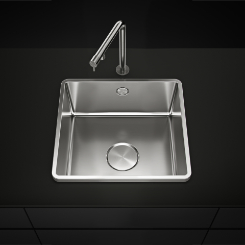 Inox - Chiuveta bucatarie inox CookingAid TASCA IRIS IR40 cu montaj pe blat, ventil scurgere automat cu capac scurgere invisibila, preaplin rotund si accesorii montaj