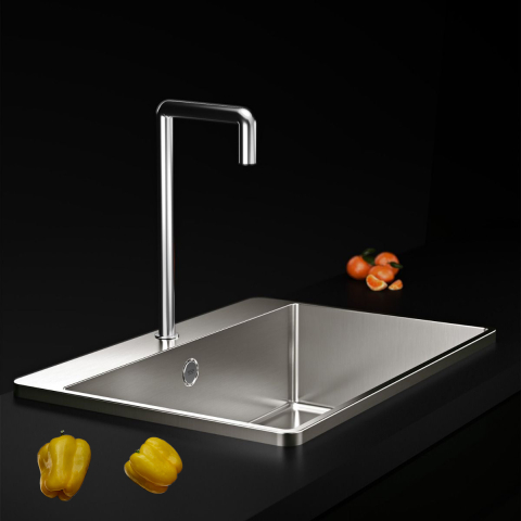 Inox - Chiuveta bucatarie inox CookingAid TASCA IRIS IR50 BM cu montaj pe blat, ventil scurgere automat cu capac scurgere invisibila, preaplin rotund si accesorii montaj