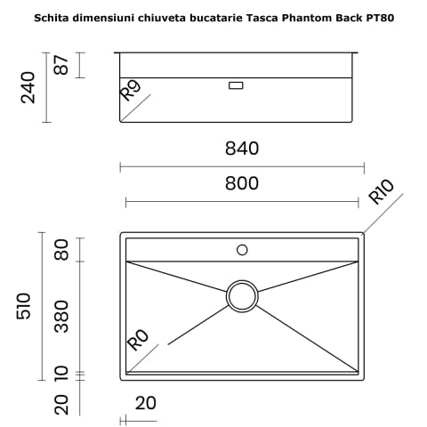 Chiuveta bucatarie inox CookingAid TASCA PHANTOM BACK PT80 INVISIBLE cu montaj pe blat, sub blat, la nivelul blatului sau sub geam si accesorii montaj [14]