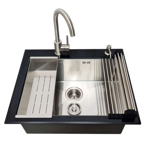 Chiuveta bucatarie inox CookingAid TEMPERED GLASS BLACK cu scurgator vase/paste/fructe, gratar rulabil inox, dozator detergent + accesorii montaj [20]