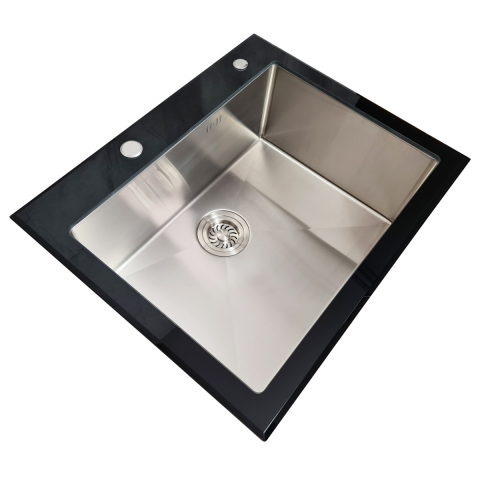 Chiuveta bucatarie inox CookingAid TEMPERED GLASS BLACK cu scurgator vase/paste/fructe, gratar rulabil inox, dozator detergent + accesorii montaj [13]