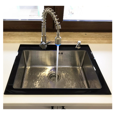 Chiuveta bucatarie inox CookingAid TEMPERED GLASS BLACK cu scurgator vase/paste/fructe, gratar rulabil inox, dozator detergent + accesorii montaj [1]