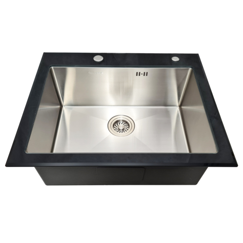 Chiuveta bucatarie inox CookingAid TEMPERED GLASS BLACK cu scurgator vase/paste/fructe, gratar rulabil inox, dozator detergent + accesorii montaj [15]