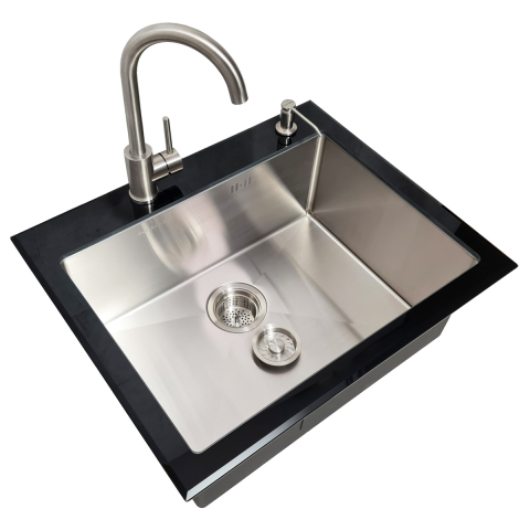 Chiuveta bucatarie inox CookingAid TEMPERED GLASS BLACK cu scurgator vase/paste/fructe, gratar rulabil inox, dozator detergent + accesorii montaj [19]