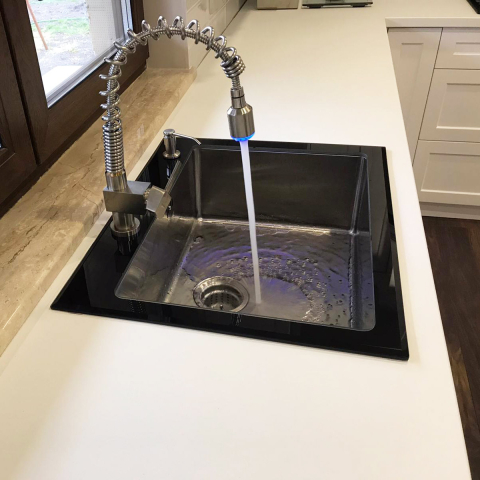 Chiuveta bucatarie inox CookingAid TEMPERED GLASS BLACK cu scurgator vase/paste/fructe, gratar rulabil inox, dozator detergent + accesorii montaj [2]