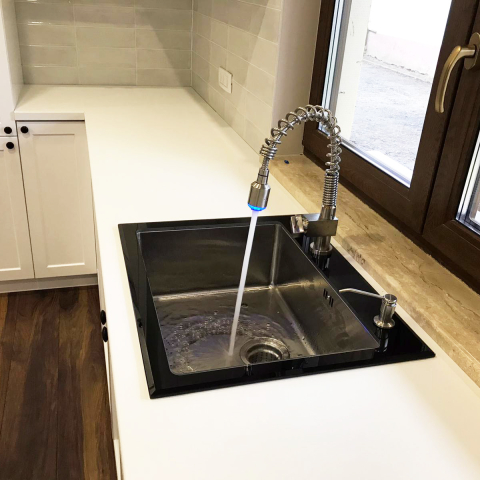 Chiuveta bucatarie inox CookingAid TEMPERED GLASS BLACK cu scurgator vase/paste/fructe, gratar rulabil inox, dozator detergent + accesorii montaj [3]