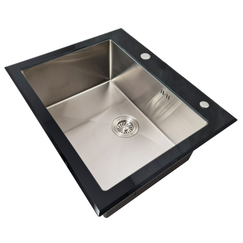 Chiuveta bucatarie inox CookingAid TEMPERED GLASS BLACK cu scurgator vase/paste/fructe, gratar rulabil inox, dozator detergent + accesorii montaj [14]